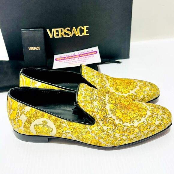 Versace Loafers 43/US 10 Gold Barocco Print Calfskin Leather Silk Shoes NIB $850 main image 6